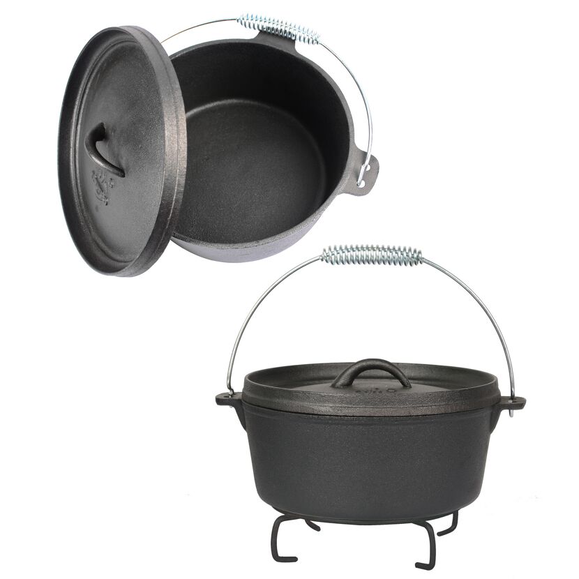 Zwei schwarze gusseiserne Dutch Oven mit Deckel und Griff.