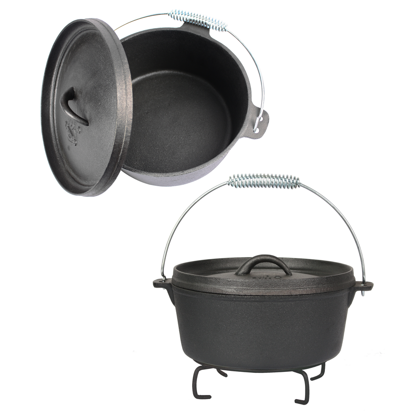 Zwei schwarze gusseiserne Dutch Oven mit Deckel und Griff.