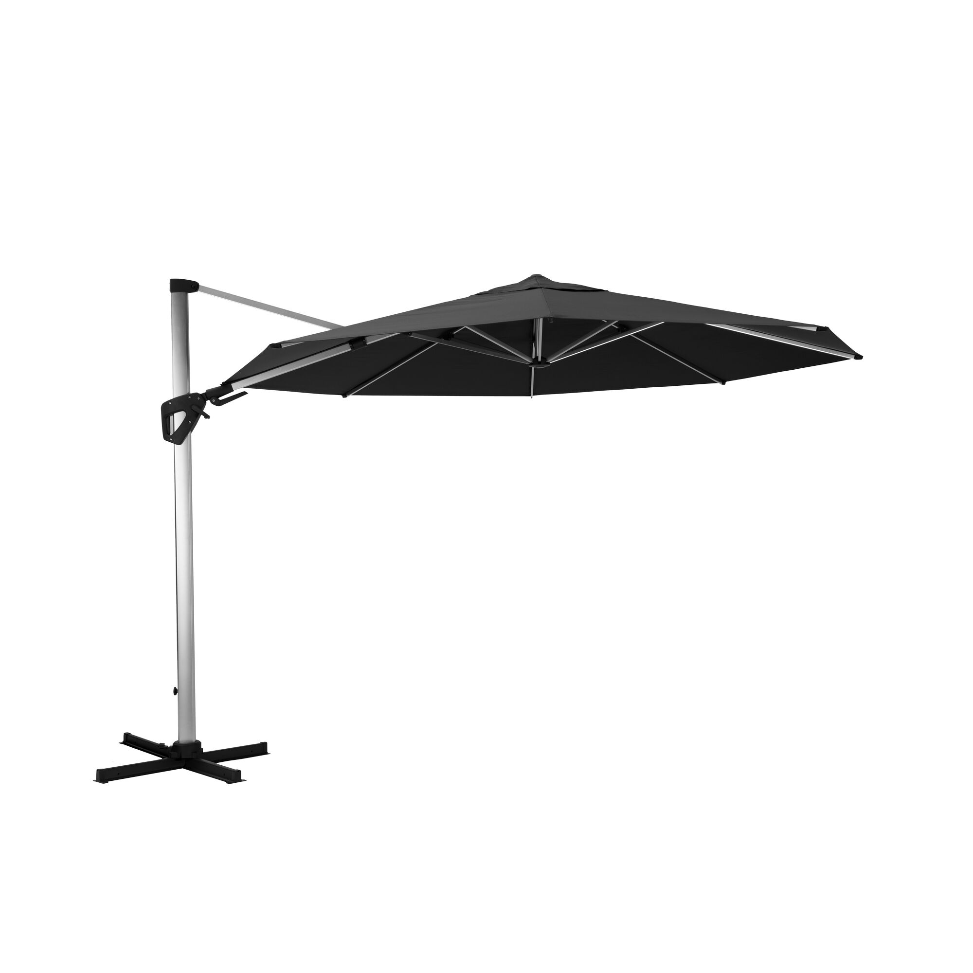 Anthrazitfarbener Ampelschirm Kreta mit silbernem Standfuß.