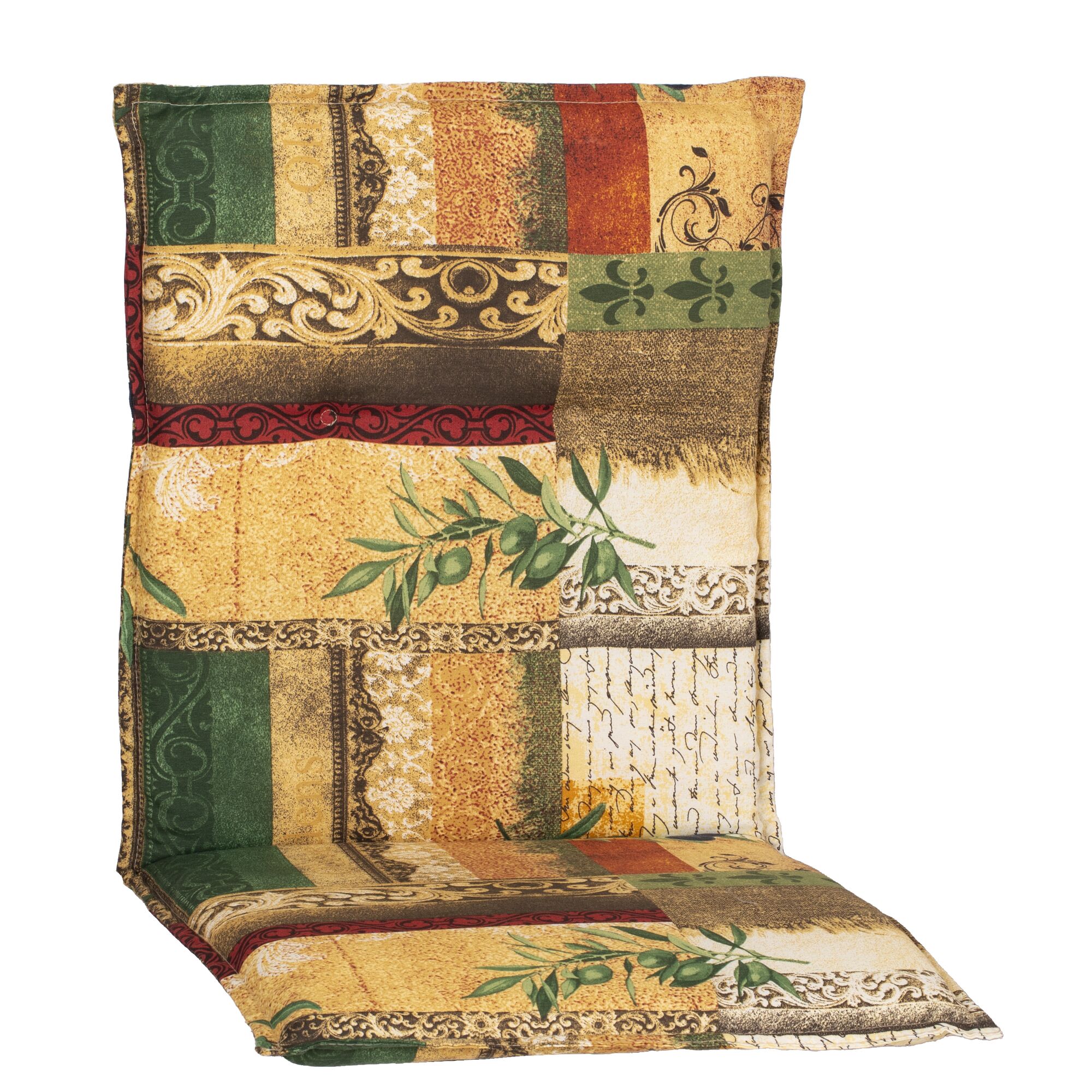 Gemusterte Stuhlkissen mit Olivenmotiv