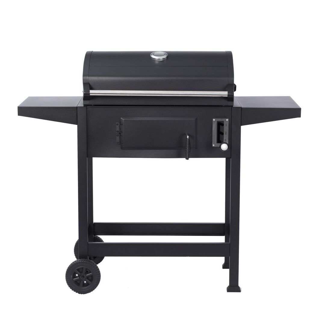 Schwarzer Grill mit Deckel und Rollen