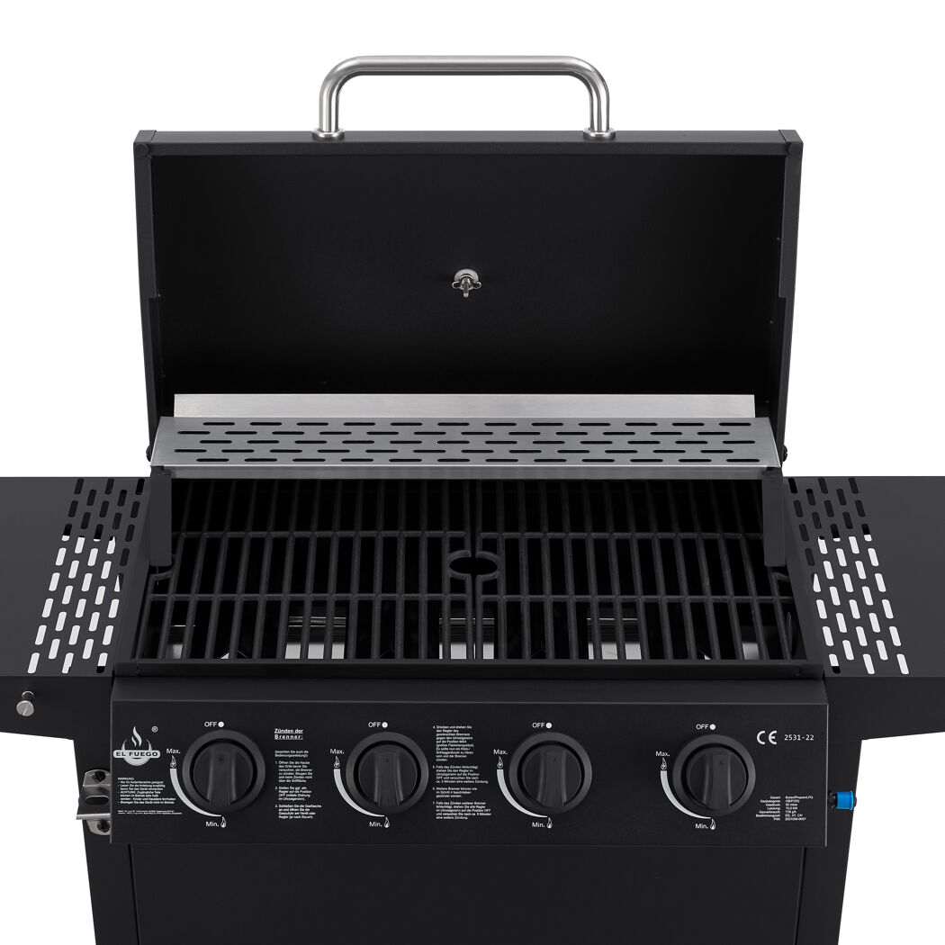 Geöffneter Gasgrill mit vier Brennern
