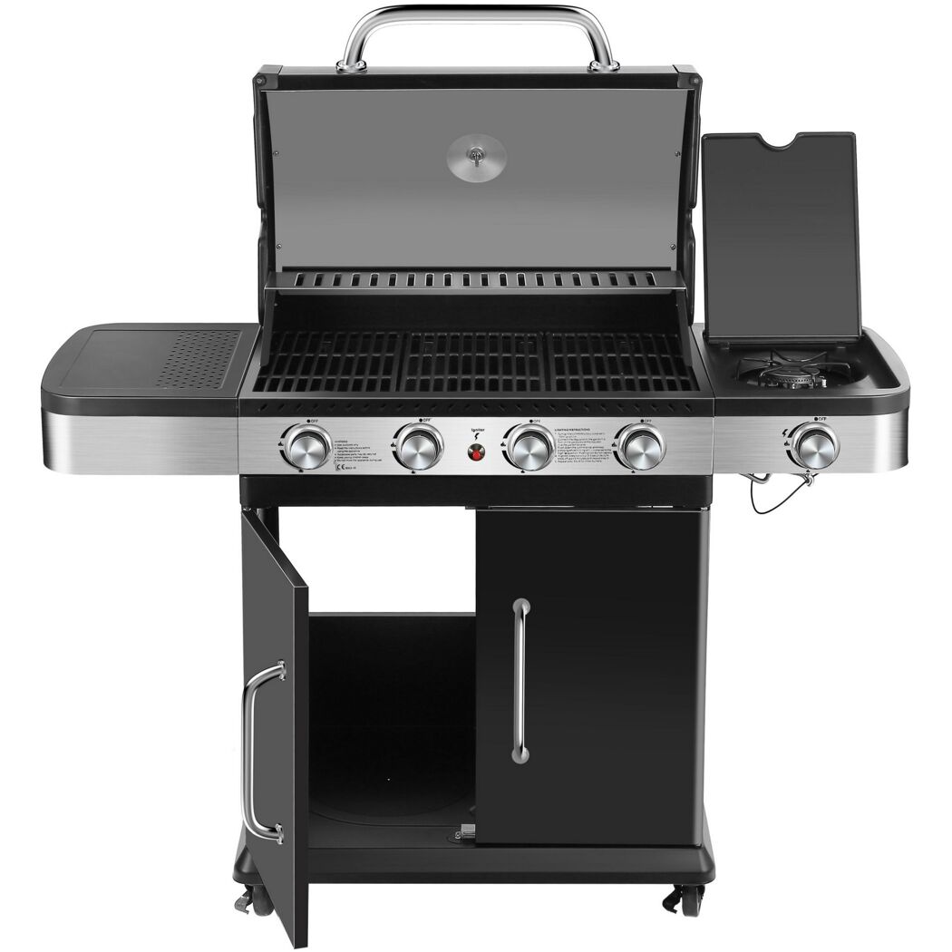 Gasgrill mit geöffnetem Deckel und Seitenbrenner