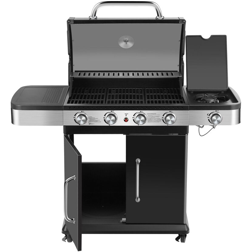 Gasgrill mit geöffnetem Deckel und Seitenbrenner