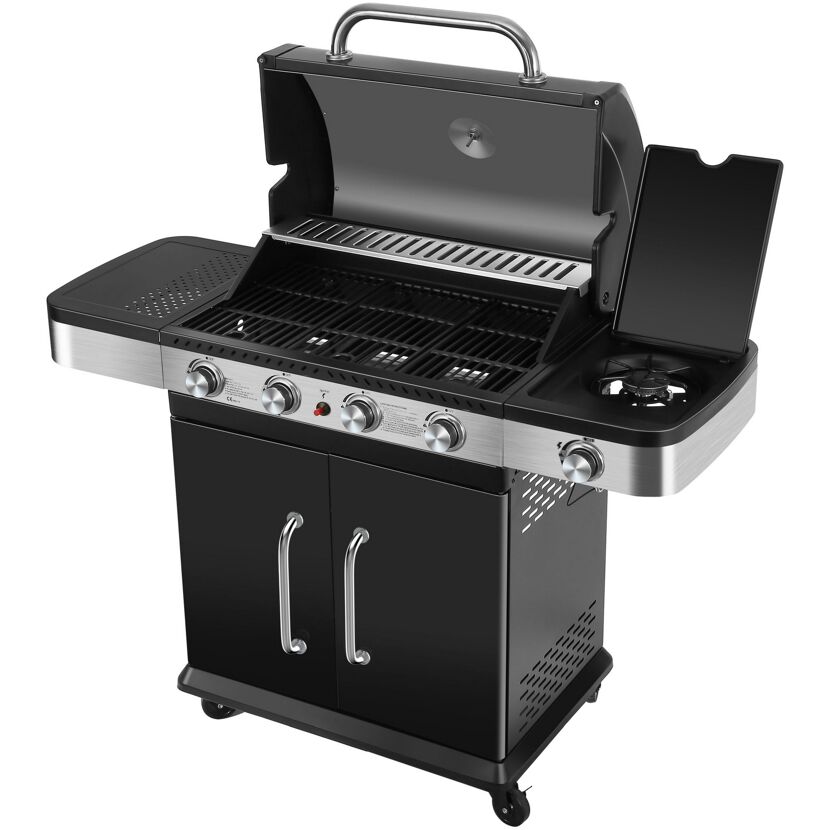 Gasgrill mit offenem Deckel und Seitenbrenner