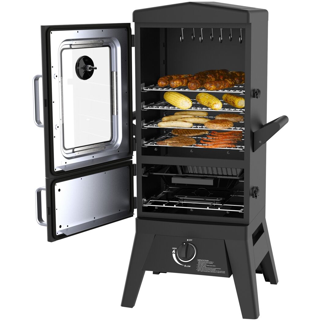 Gasgrill mit geöffneter Tür und Grillgut
