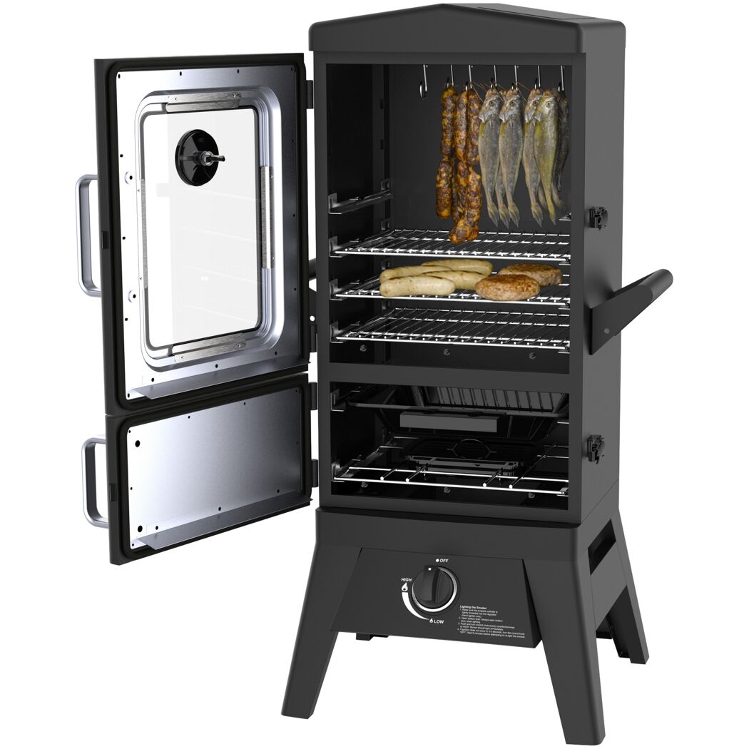 Gasgrill mit offener Tür und Grillgut
