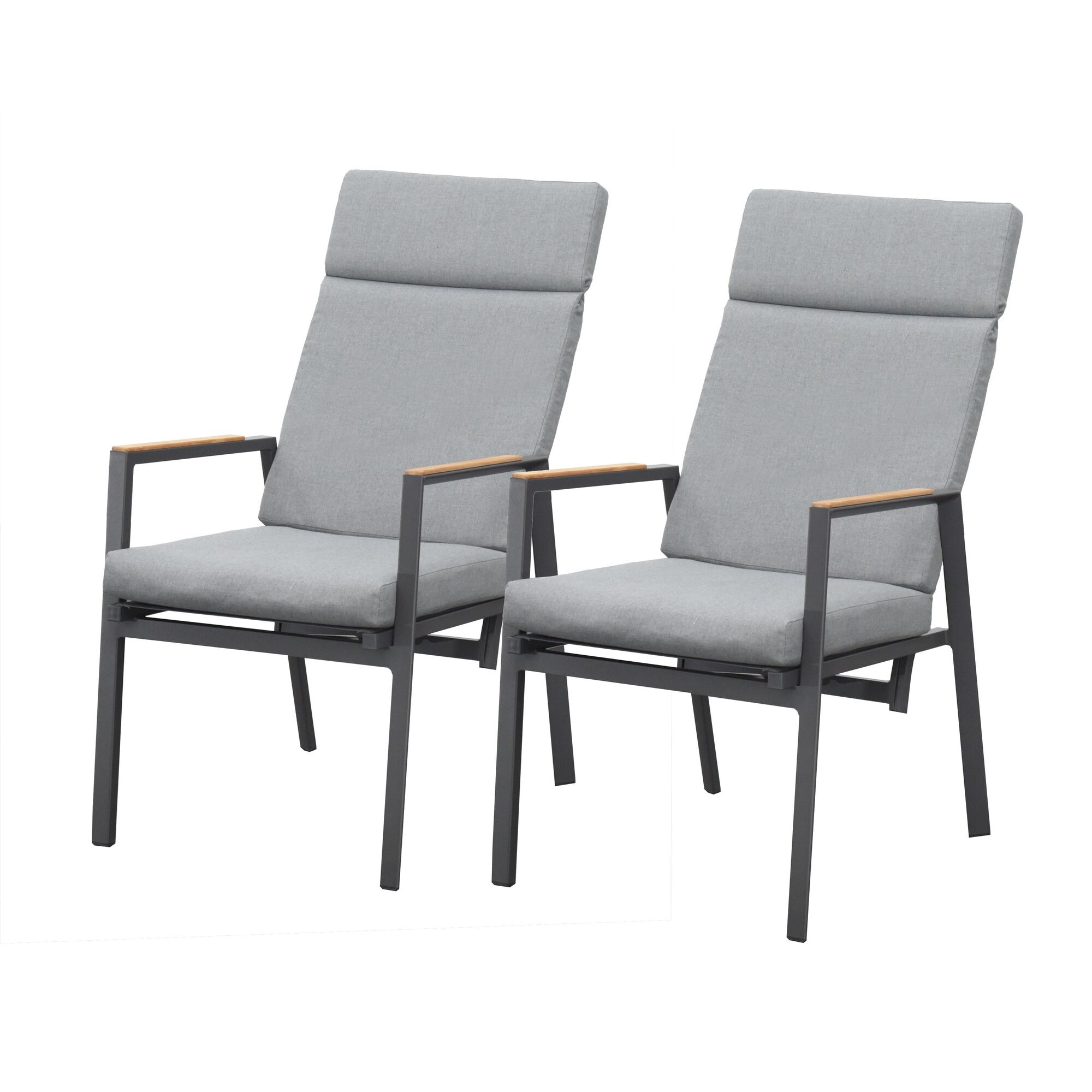 Zwei Gartenstühle mit grauen Polstern