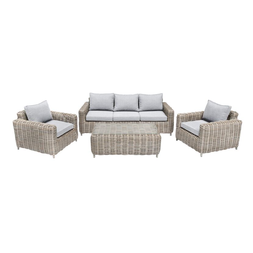 Rattanmöbel-Set mit Sofa, zwei Sesseln und Tisch