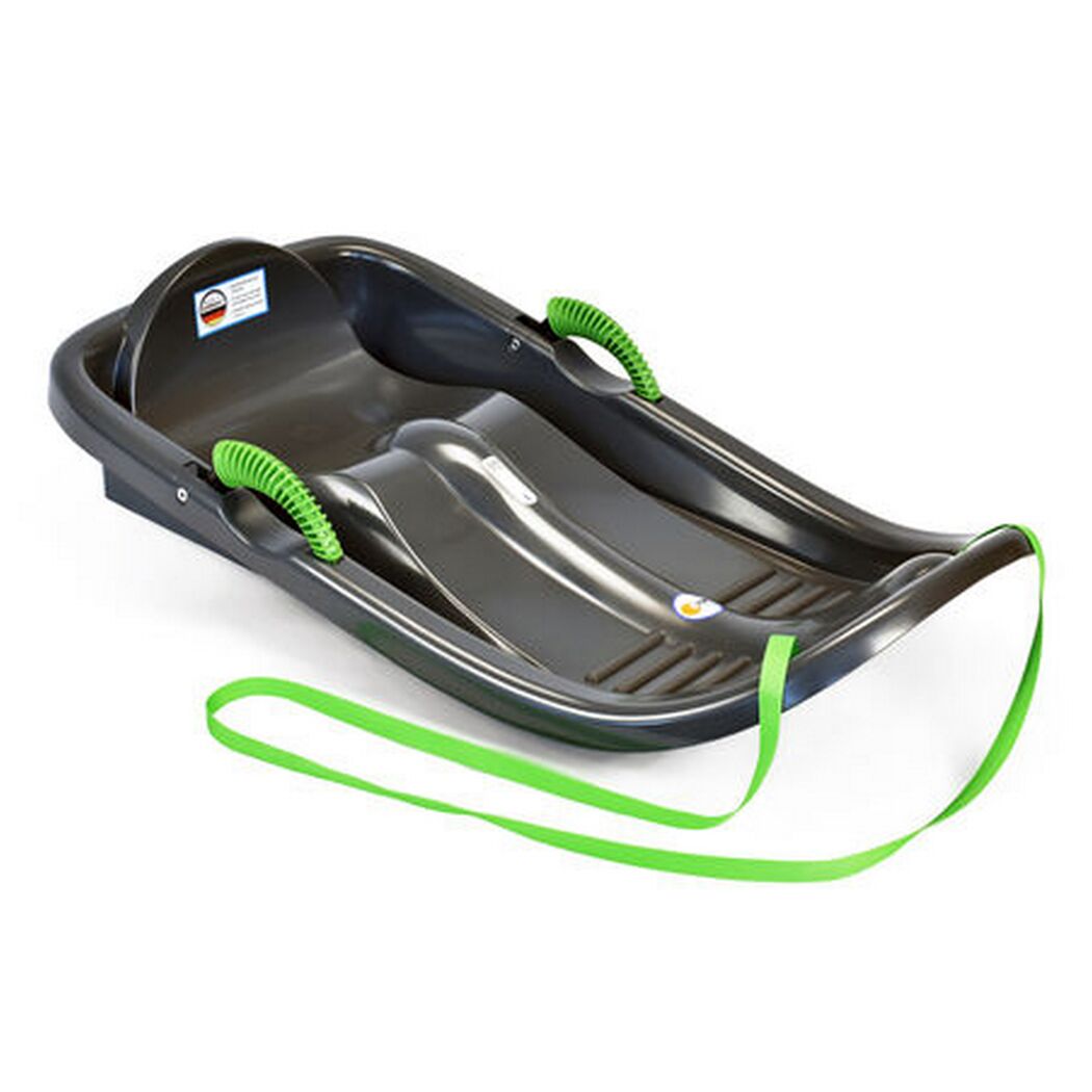 Schwarzer Schlitten Snow Bird de Luxe mit grünen Griffen und Zugband