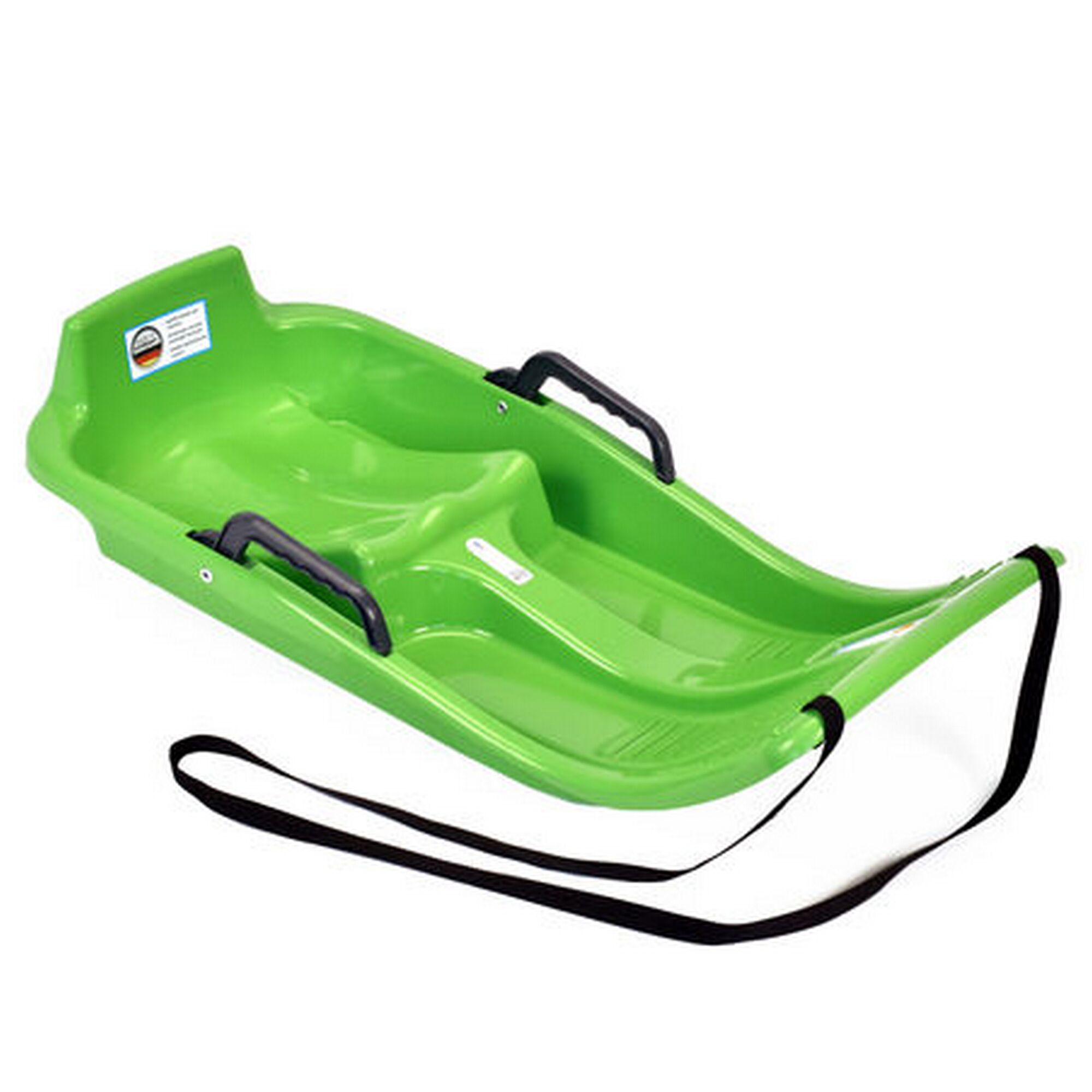 Grüner Schlitten mit schwarzer Zugleine