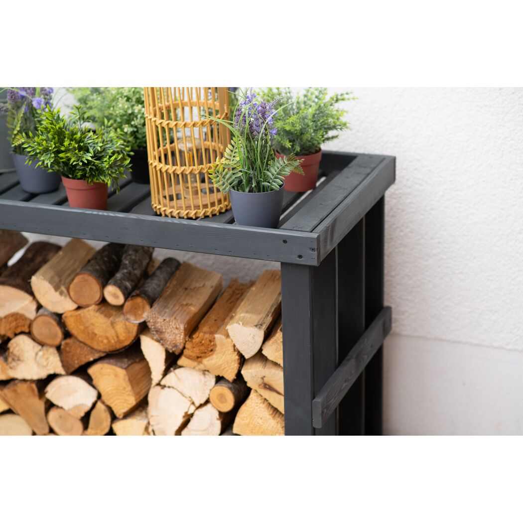 Holzregal mit Kaminholz und Pflanzen