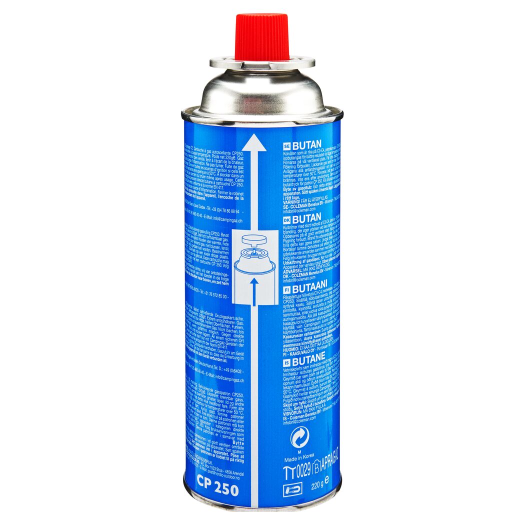 Blaue Gaskartusche CP 250 mit rotem Deckel.