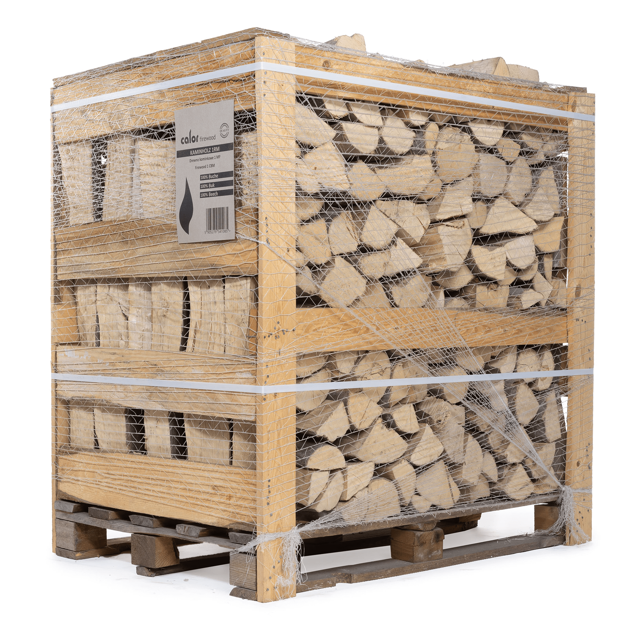 Kaminholz Buche in Kiste auf Palette