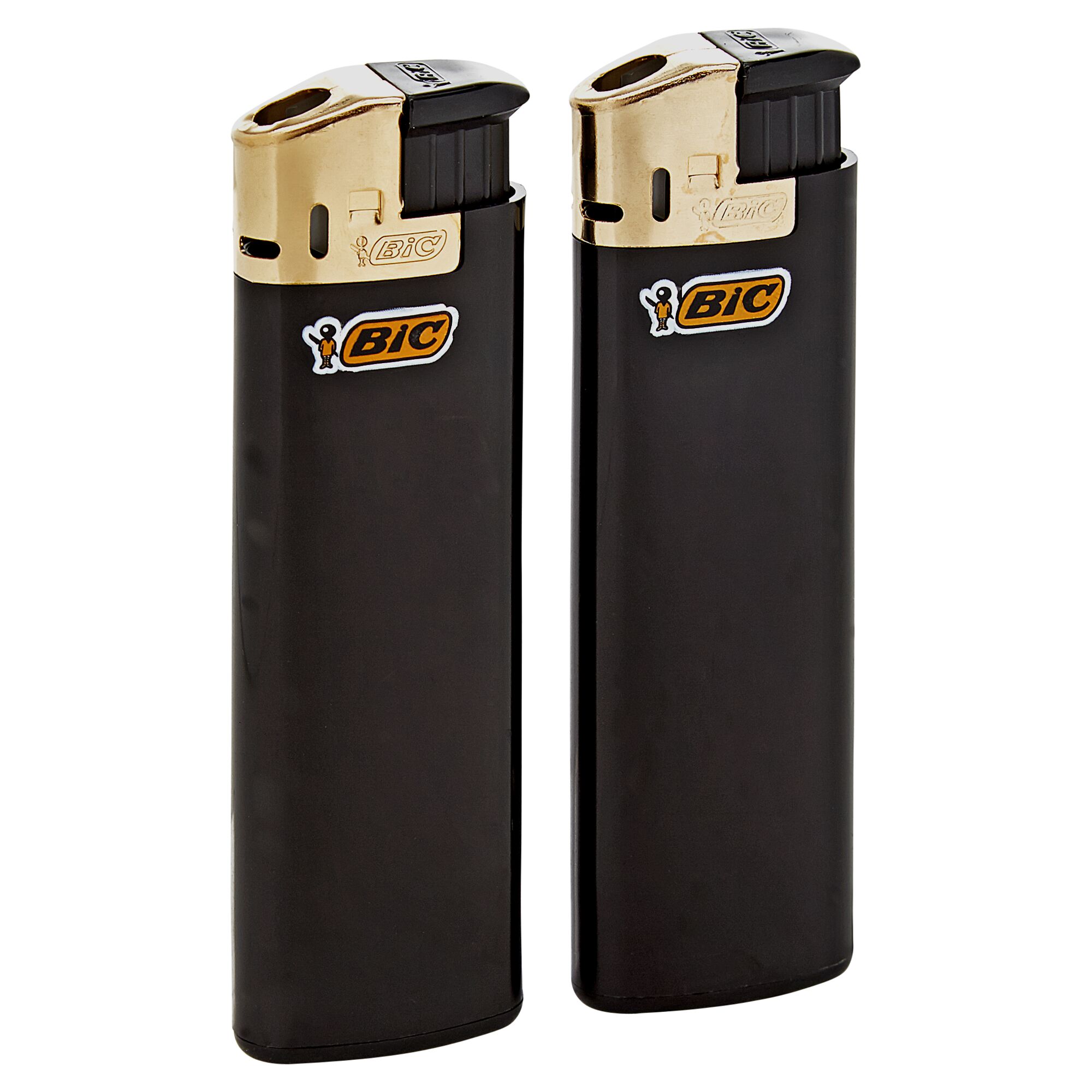 Zwei schwarze BIC-Feuerzeuge nebeneinander.