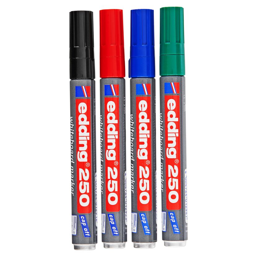 Vier verschiedenfarbige Edding 250 Whiteboardmarker.