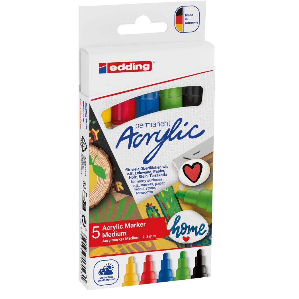 Fünf mehrfarbige Edding Acrylmarker 5100 im Set.