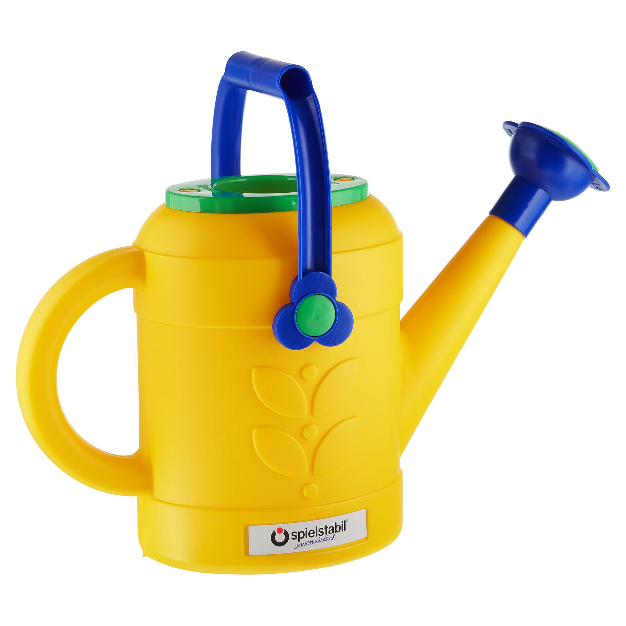 Gelbe Spielstab Gießkanne mit blauem Griff und Ausguss.