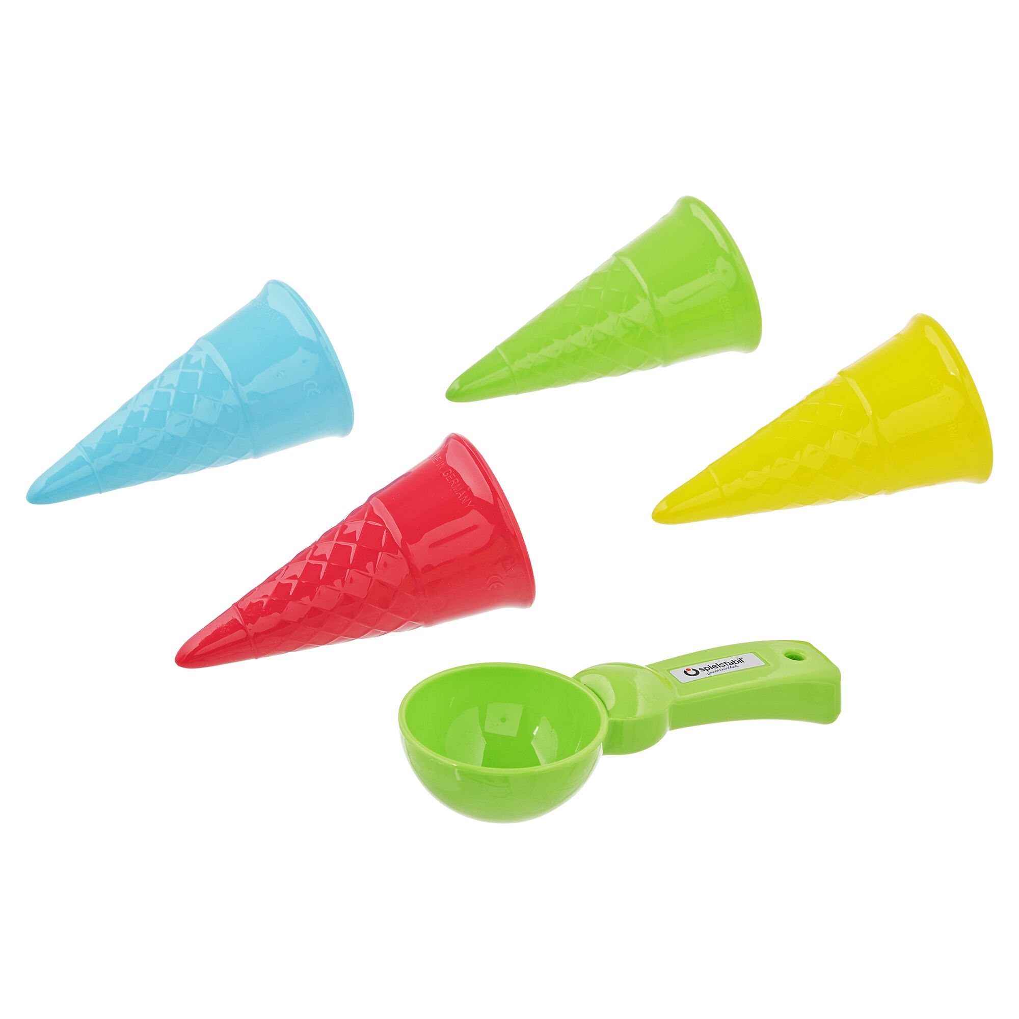 Vier bunte Förmchen und eine Eisschaufel