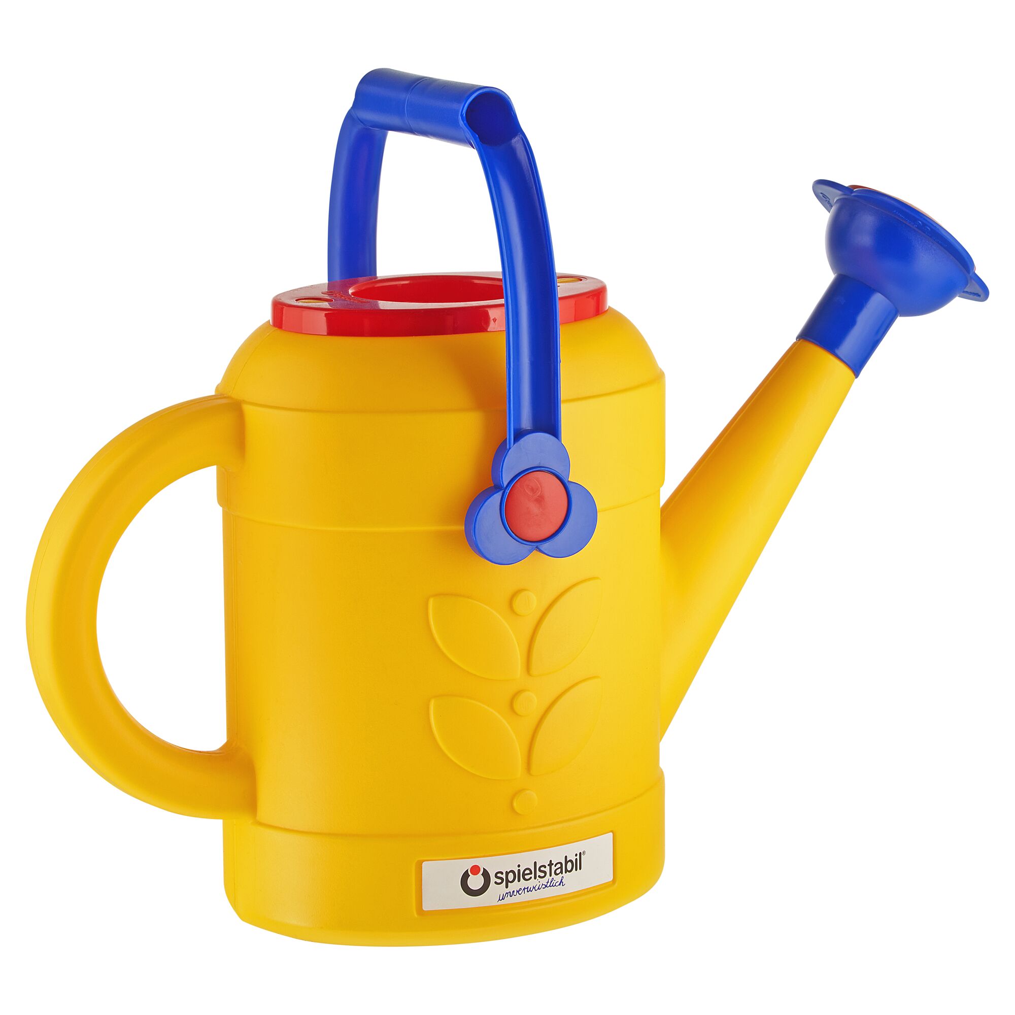 Gelbe Spielstab Gießkanne mit blauem Griff und Tülle.