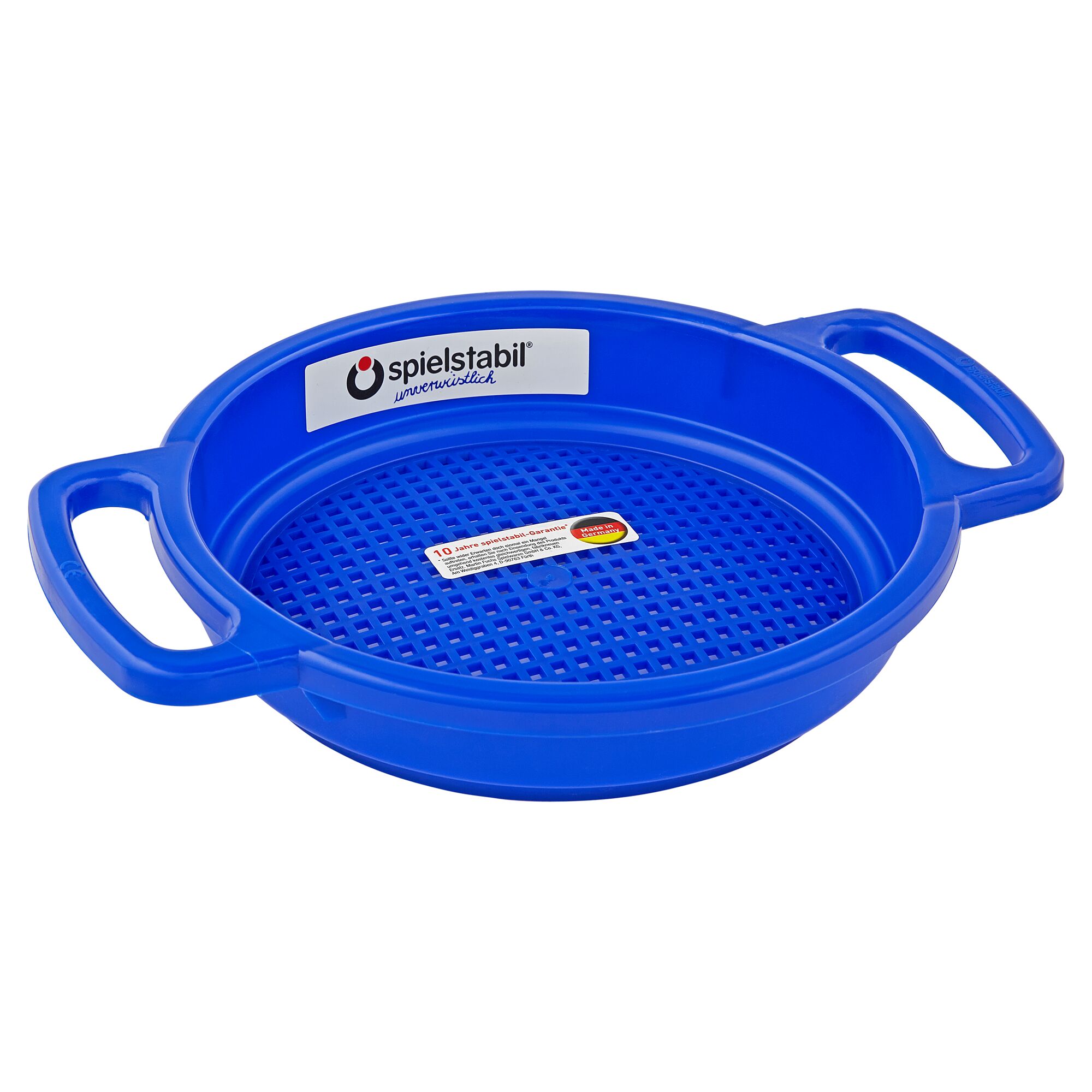 Blaues Sandsieb mit Henkeln.