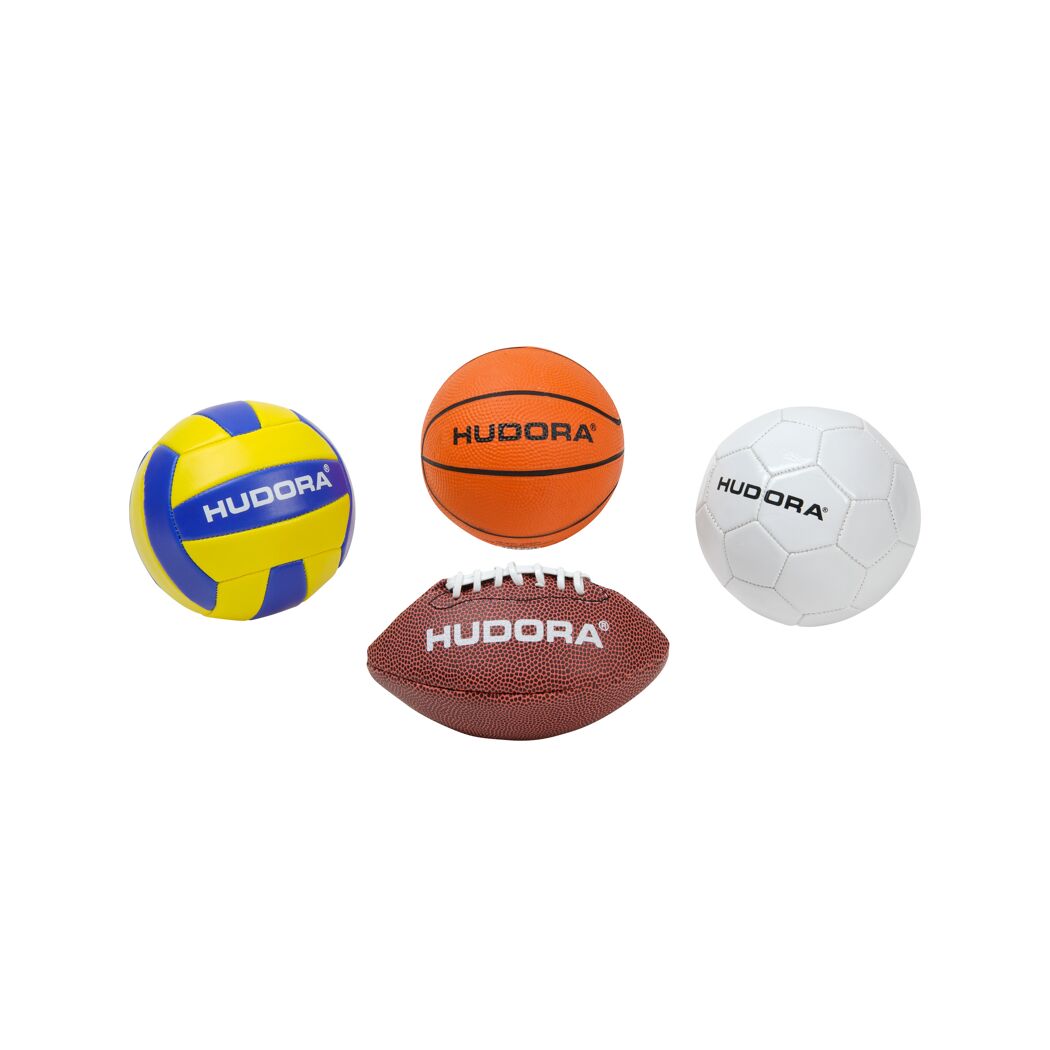 Vier Bälle für Fußball, Basketball, Volleyball und American Football.