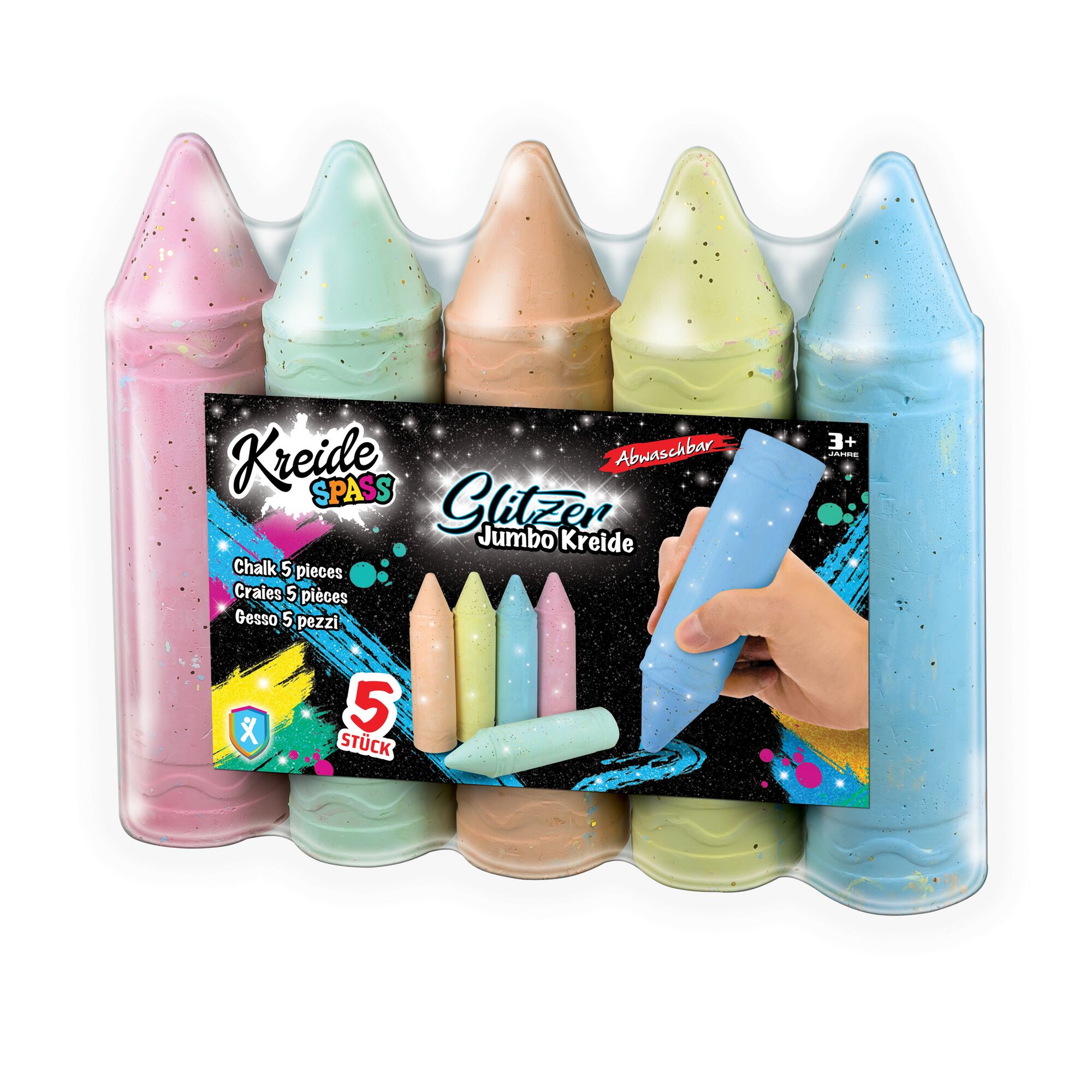 Fünf Jumbo-Glitzerkreiden in verschiedenen Farben.