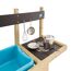 Spielküche aus Holz mit Topf, Pfanne und Schneebesen