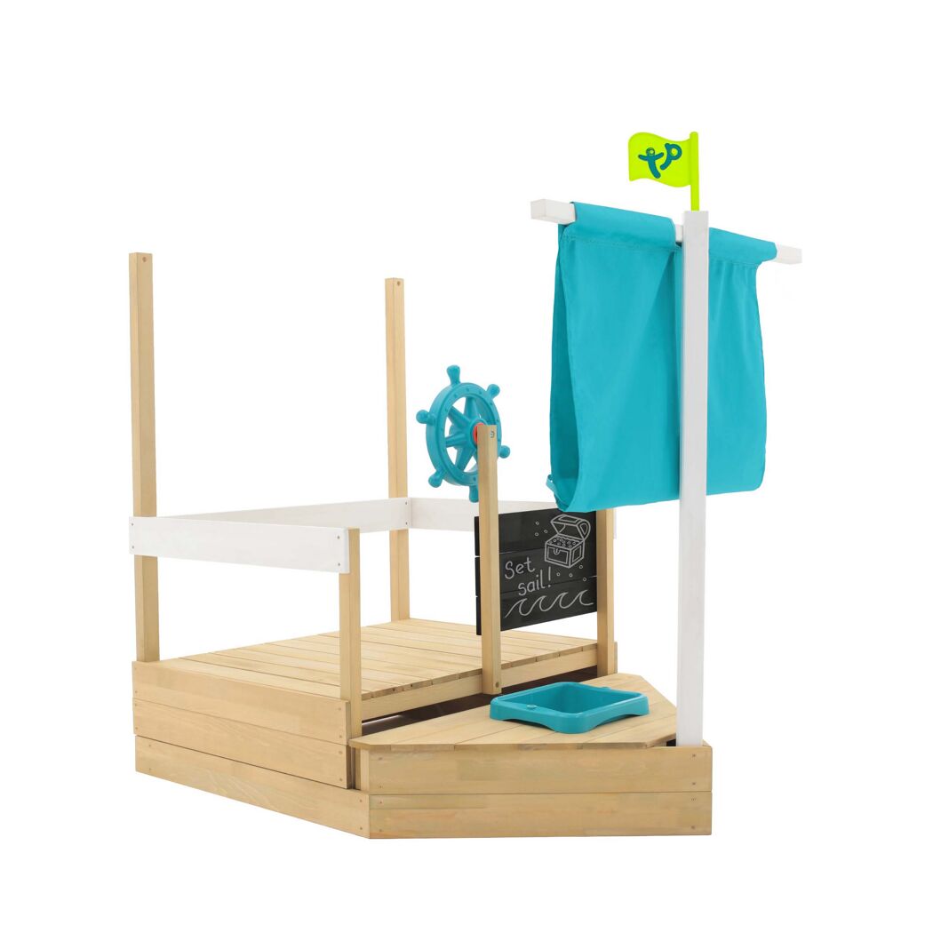 Kinderspielboot aus Holz mit blauem Segel