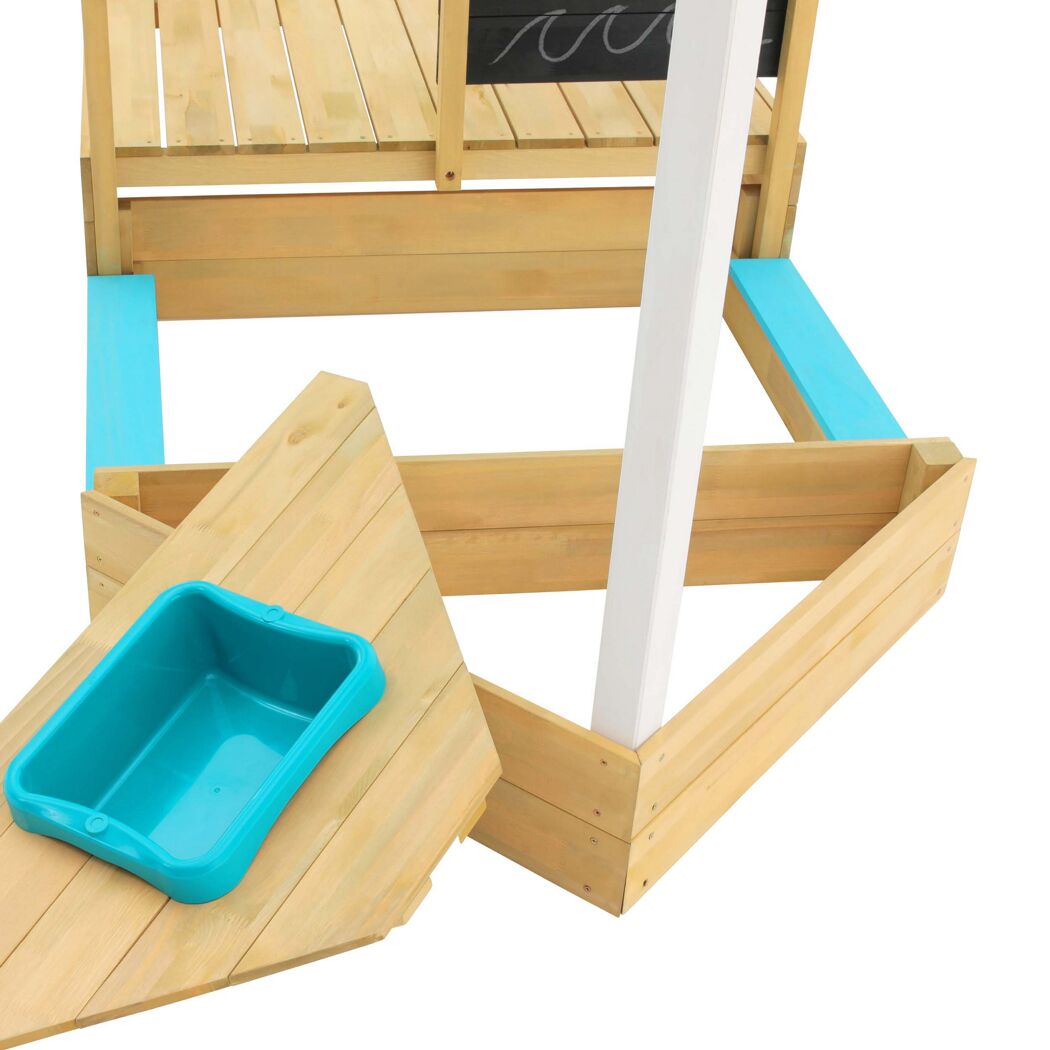 Kinderspielboot AHOYNatur mit blauem Sandkasten