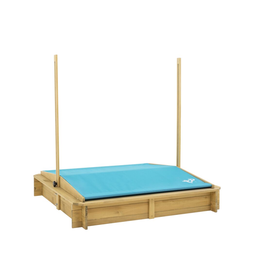 Hölzerner Sandkasten mit blauem Sonnendach