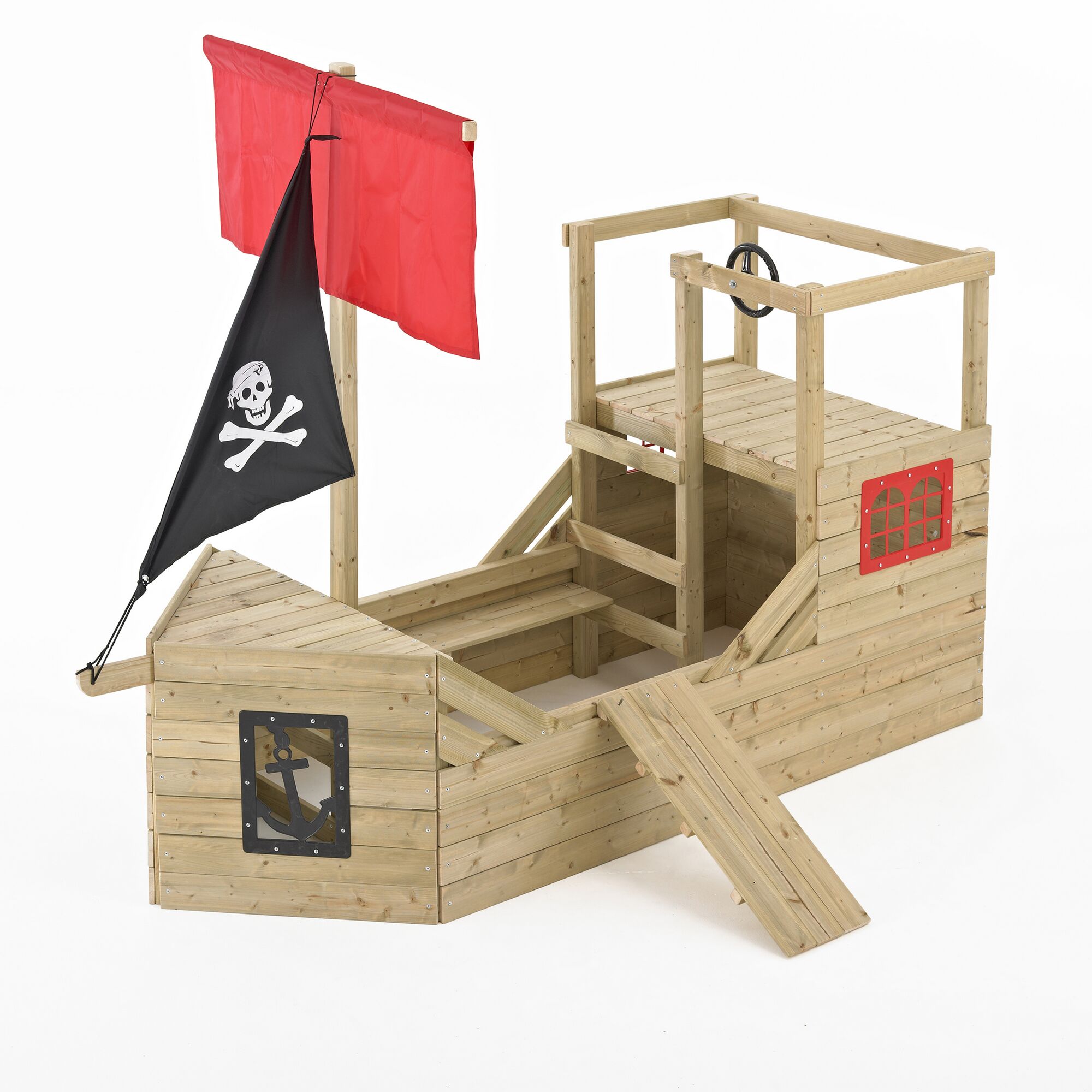 Spielhaus Galleon aus Holz mit roter und schwarzer Piratenflagge