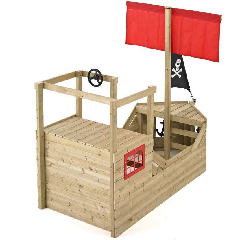 Spielhaus Galleon aus Holz mit roter Flagge und Steuerrad