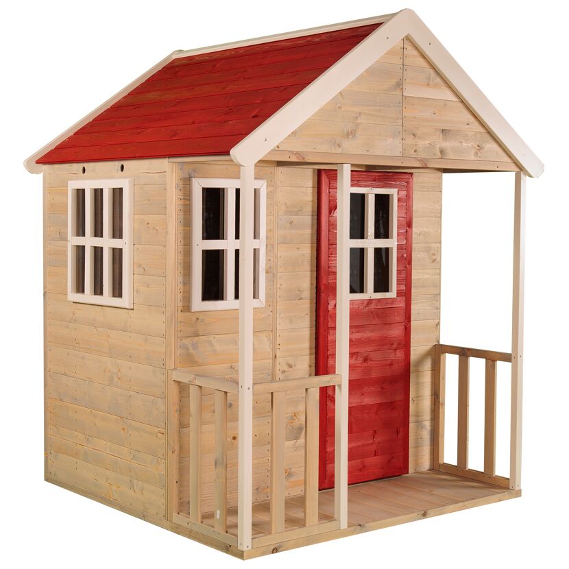 Holz-Spielhaus 'Fuchs' natur/rot Terrasse 120 x 120 x 155 cm