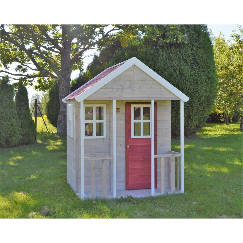 Holz-Spielhaus 'Fuchs' natur/rot Terrasse 120 x 120 x 155 cm