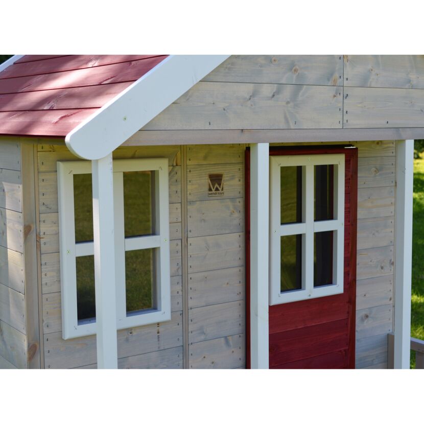 Holz-Spielhaus 'Fuchs' natur/rot Terrasse 120 x 120 x 155 cm
