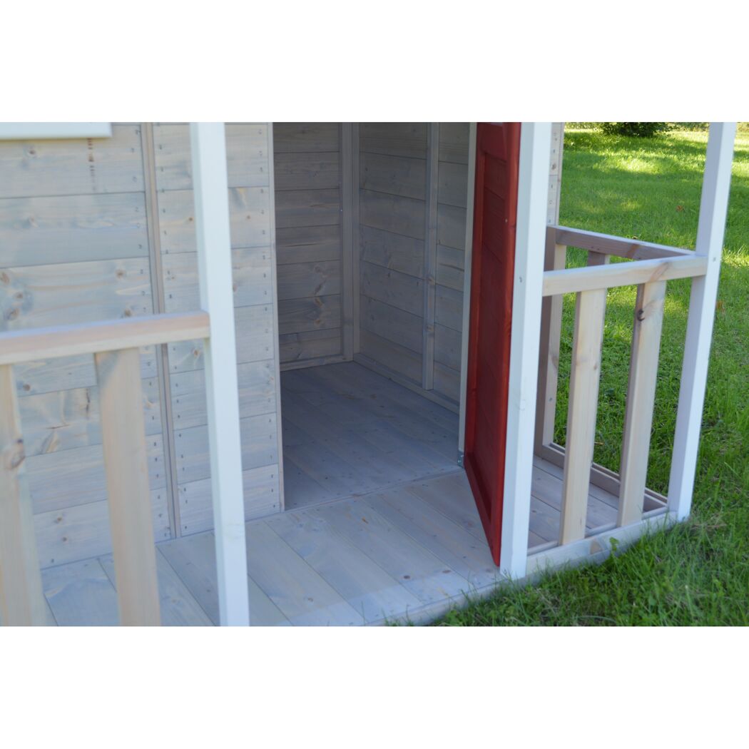Holz-Spielhaus 'Fuchs' natur/rot Terrasse 120 x 120 x 155 cm