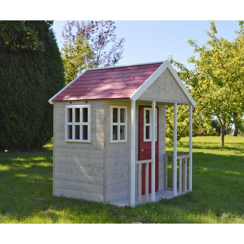 Holz-Spielhaus 'Fuchs' natur/rot Terrasse 120 x 120 x 155 cm