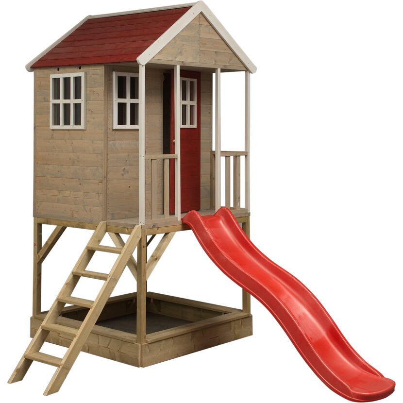 Spielhaus aus Holz mit roter Rutsche