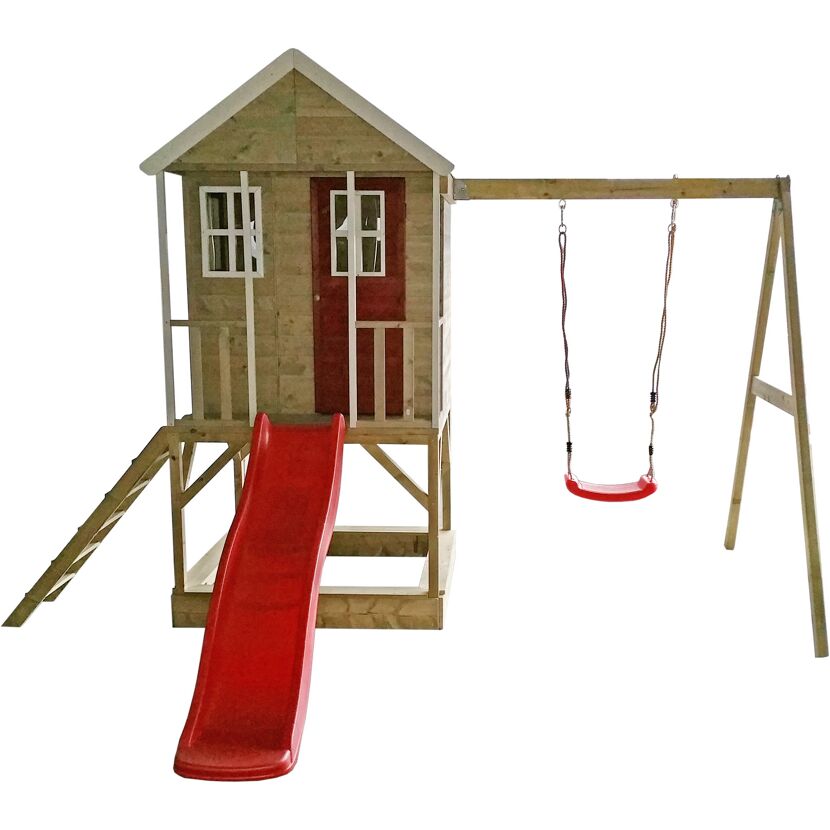 Spielhaus Alpaka mit roter Rutsche und Schaukel