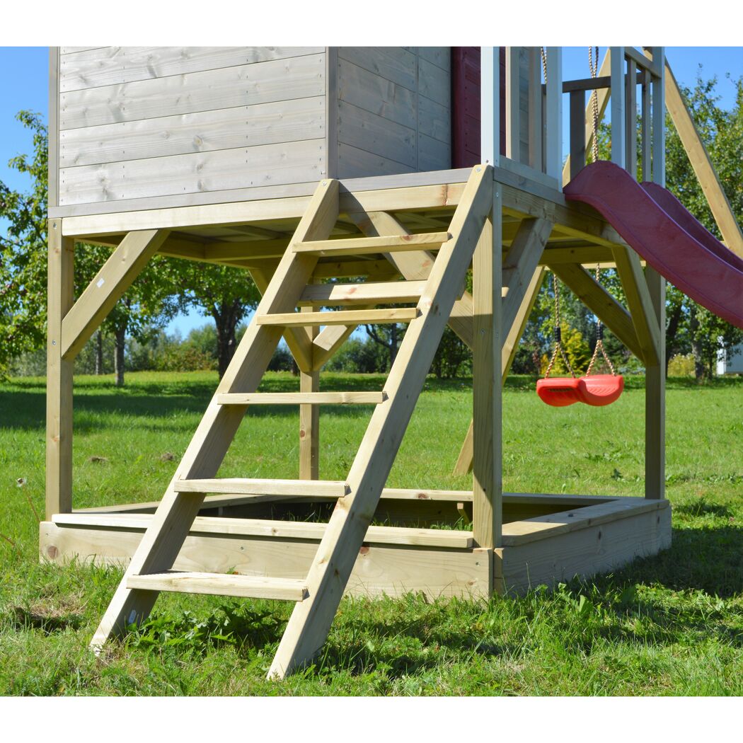 Holzschaukel mit Rutsche und Sandkasten