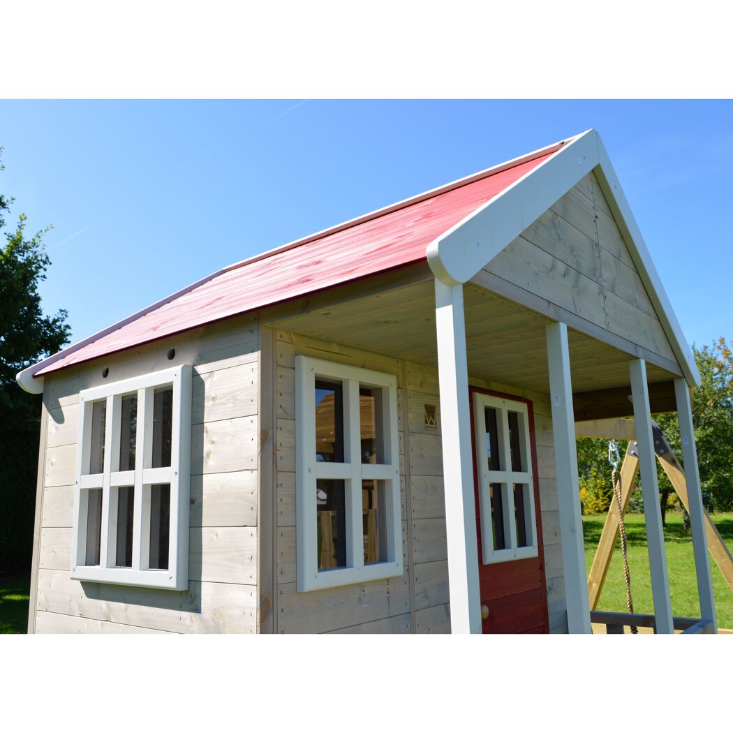 Spielhaus Alpaka mit rotem Dach und weißen Fenstern