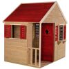 Spielhaus aus Holz mit rotem Dach und roter Tür