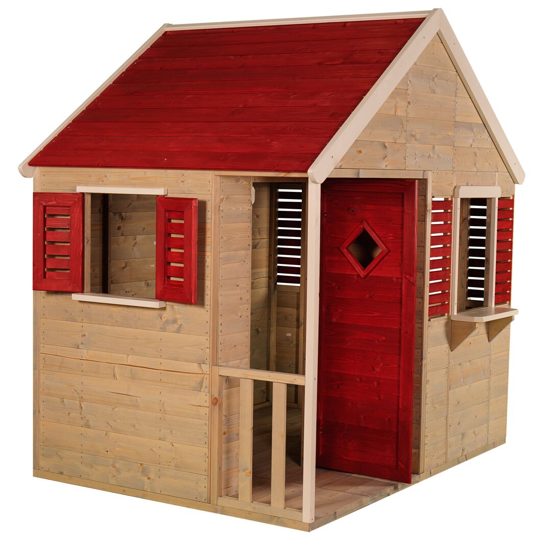 Spielhaus aus Holz mit rotem Dach und roter Tür