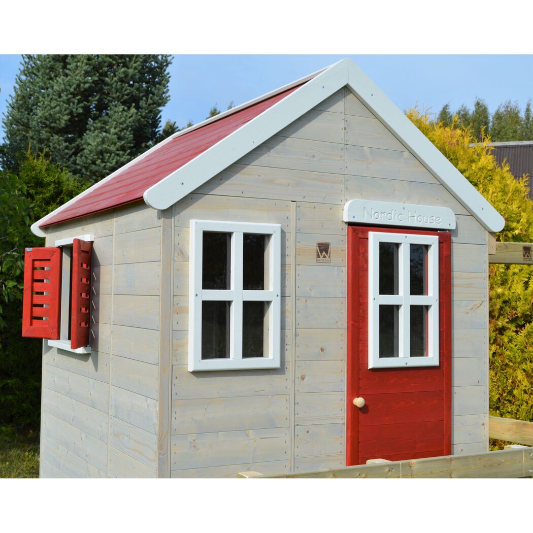 Spielhaus Tiger Natur-Rot mit Fensterläden und roter Tür