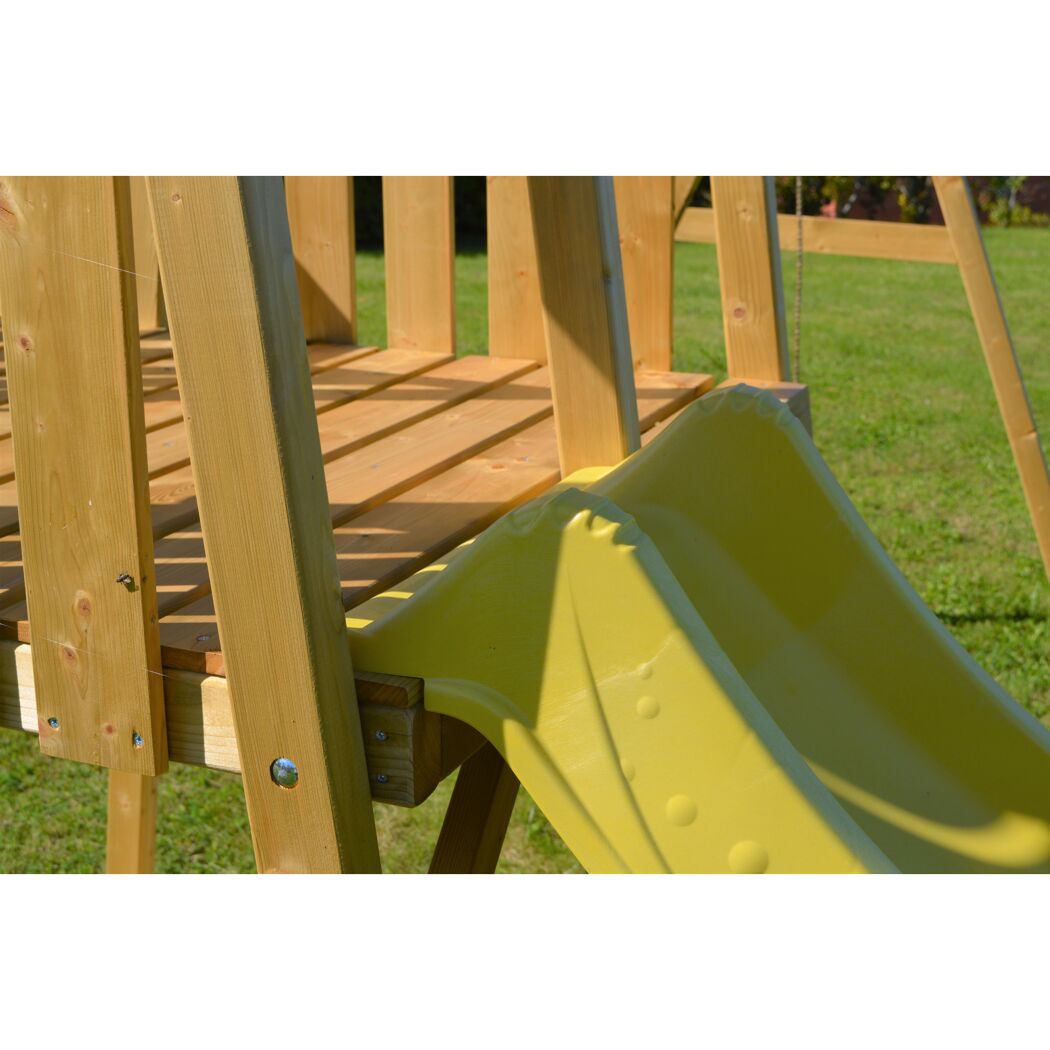 Holz-Spielturm 'Biene' natur Rutsche, Kletterwand, Schaukel und Sandkasten 280 x 270 x 270 cm