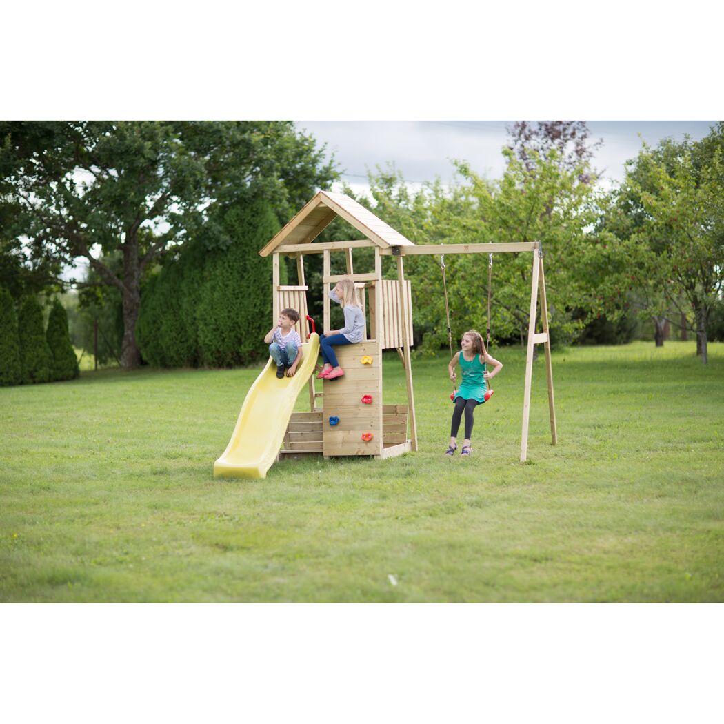 Holz-Spielturm 'Biene' natur Rutsche, Kletterwand, Schaukel und Sandkasten 280 x 270 x 270 cm