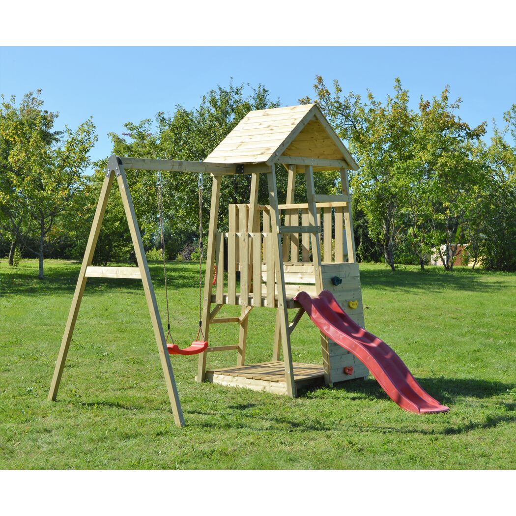 Spielturm 'Panda' natur - rot Holz 290 x 270 x 270 cm