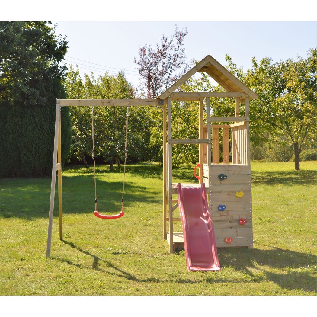 Spielturm 'Panda' natur - rot Holz 290 x 270 x 270 cm
