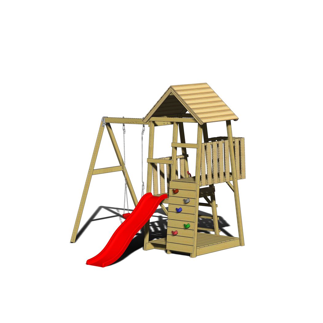 Spielturm 'Panda' natur - rot Holz 290 x 270 x 270 cm